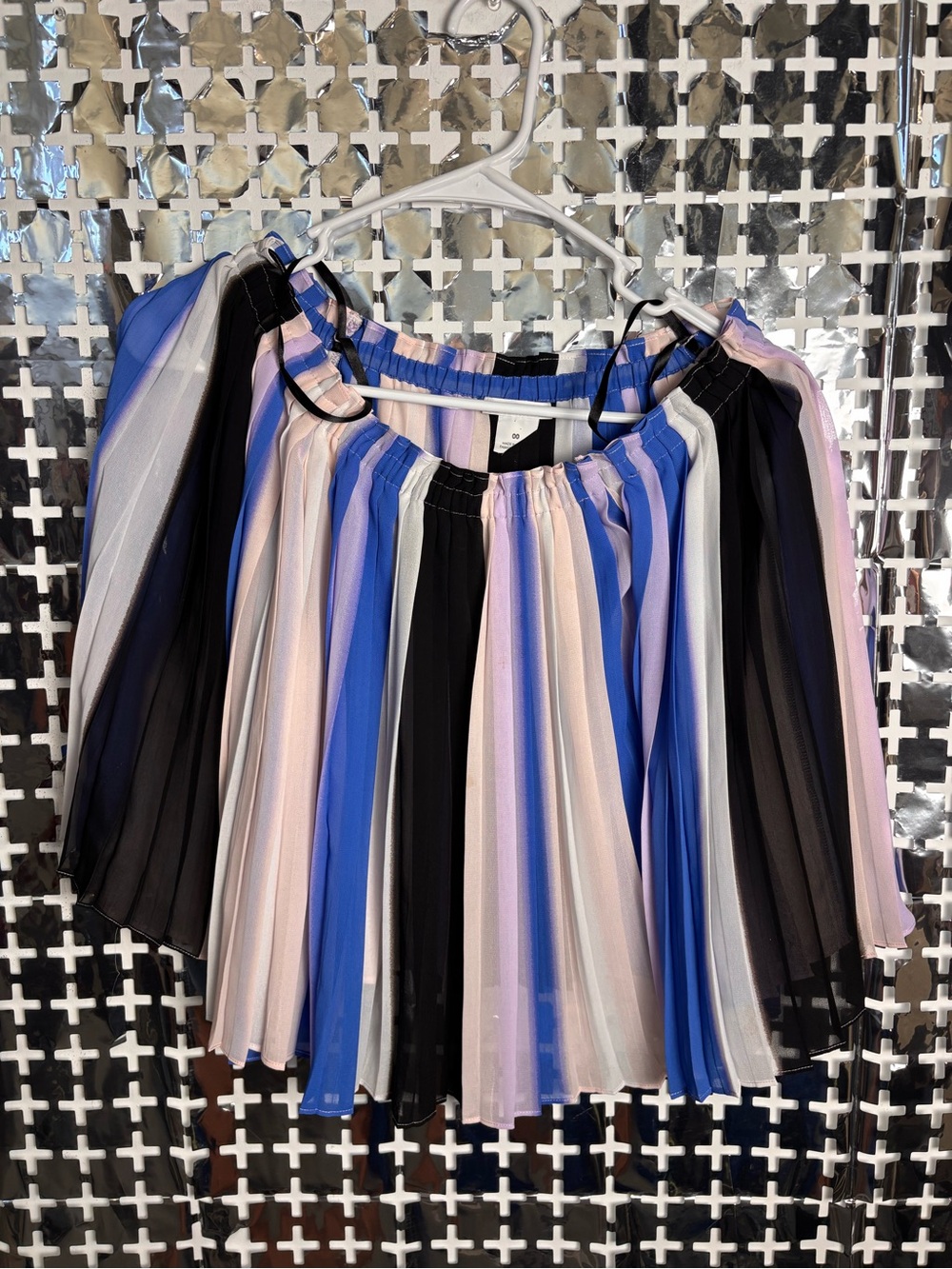 Club Monaco Striped Pleated Off-Shoulder Top in Blue, Pink, Black